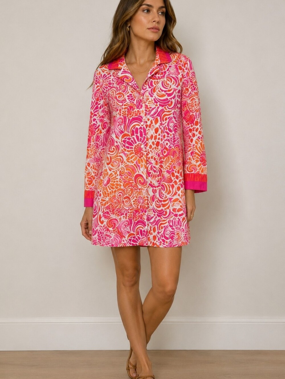Oscar de la Renta 100% Cotton Abstract Floral Shirt Dress Pink Orange Boho